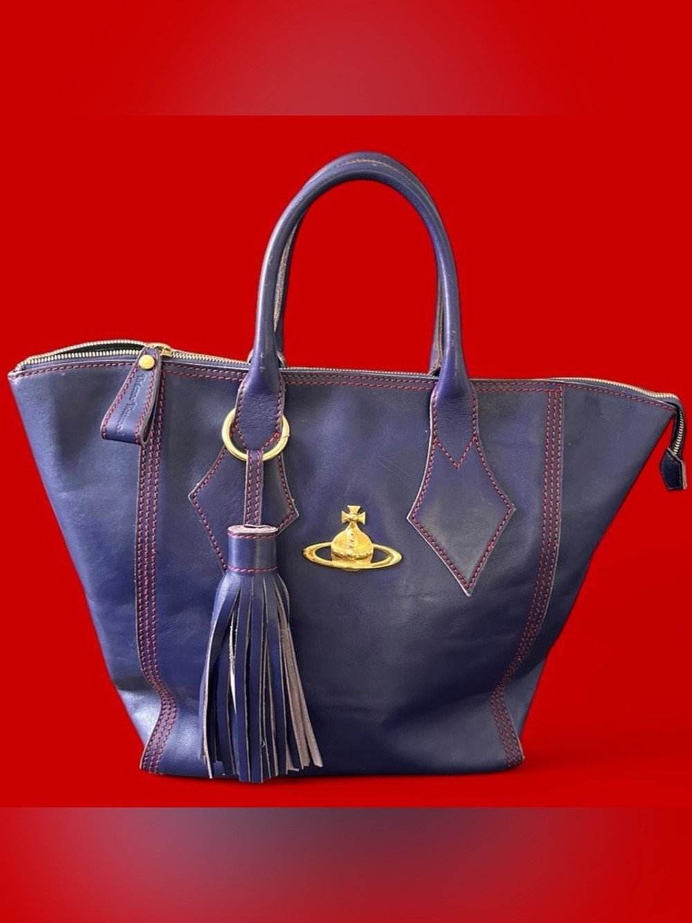 VIVIENNE WESTWOOD • RARE Authentic Vintage GIANT Blue Leather Gold Orb Tote Bag - Picture 2 of 13